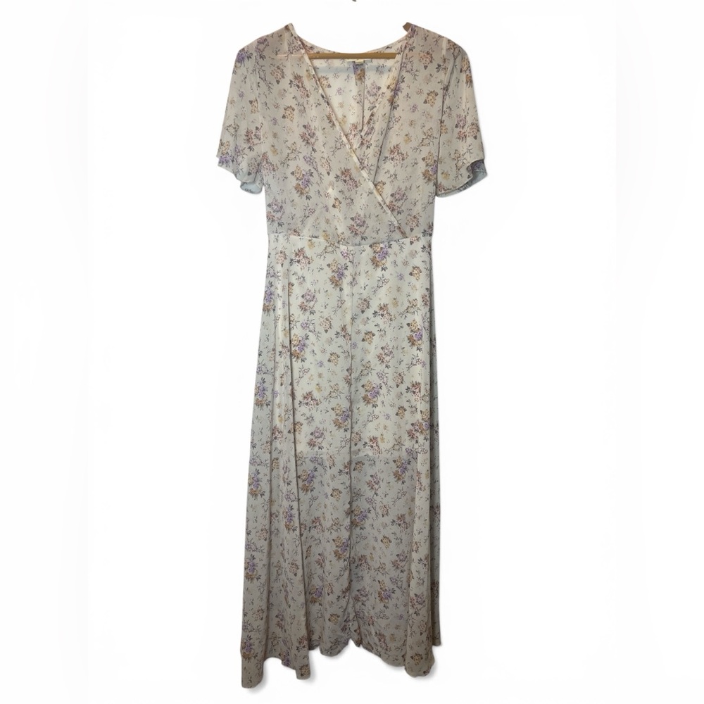 Indigo Rose Romantic Floral Poetic Maxi Sundress Cream Lavender Sheer‎ Lined Tie